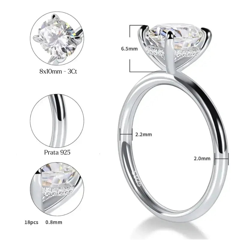 Anel Solitário Névor Moissanite Deluxe Oval 3Ct