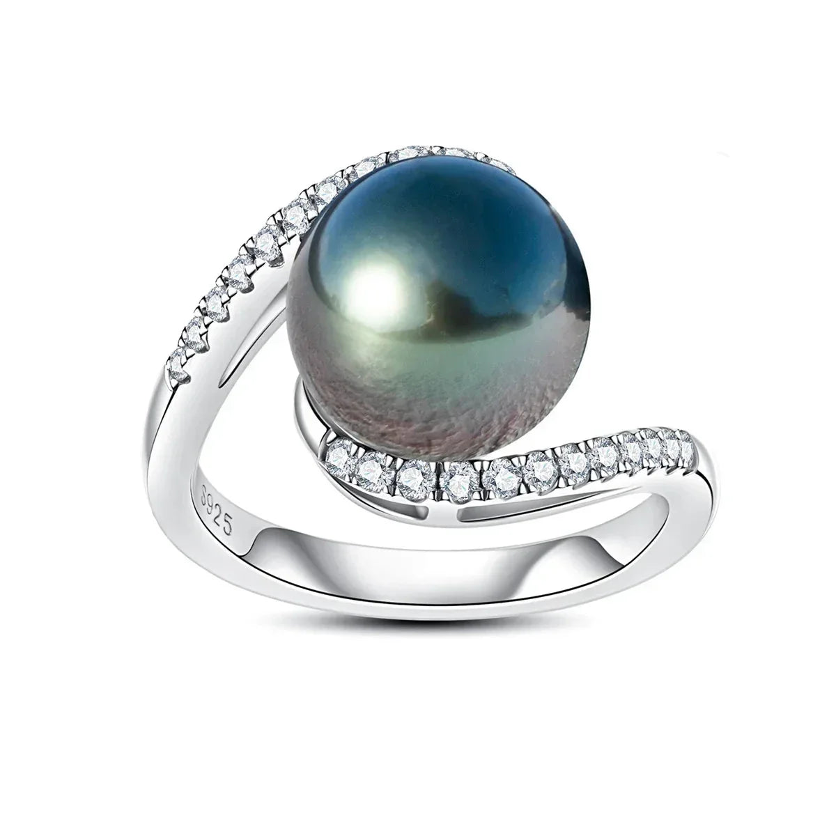 Anel Pérola Negra Natural Tahiti e Pedras Moissanite