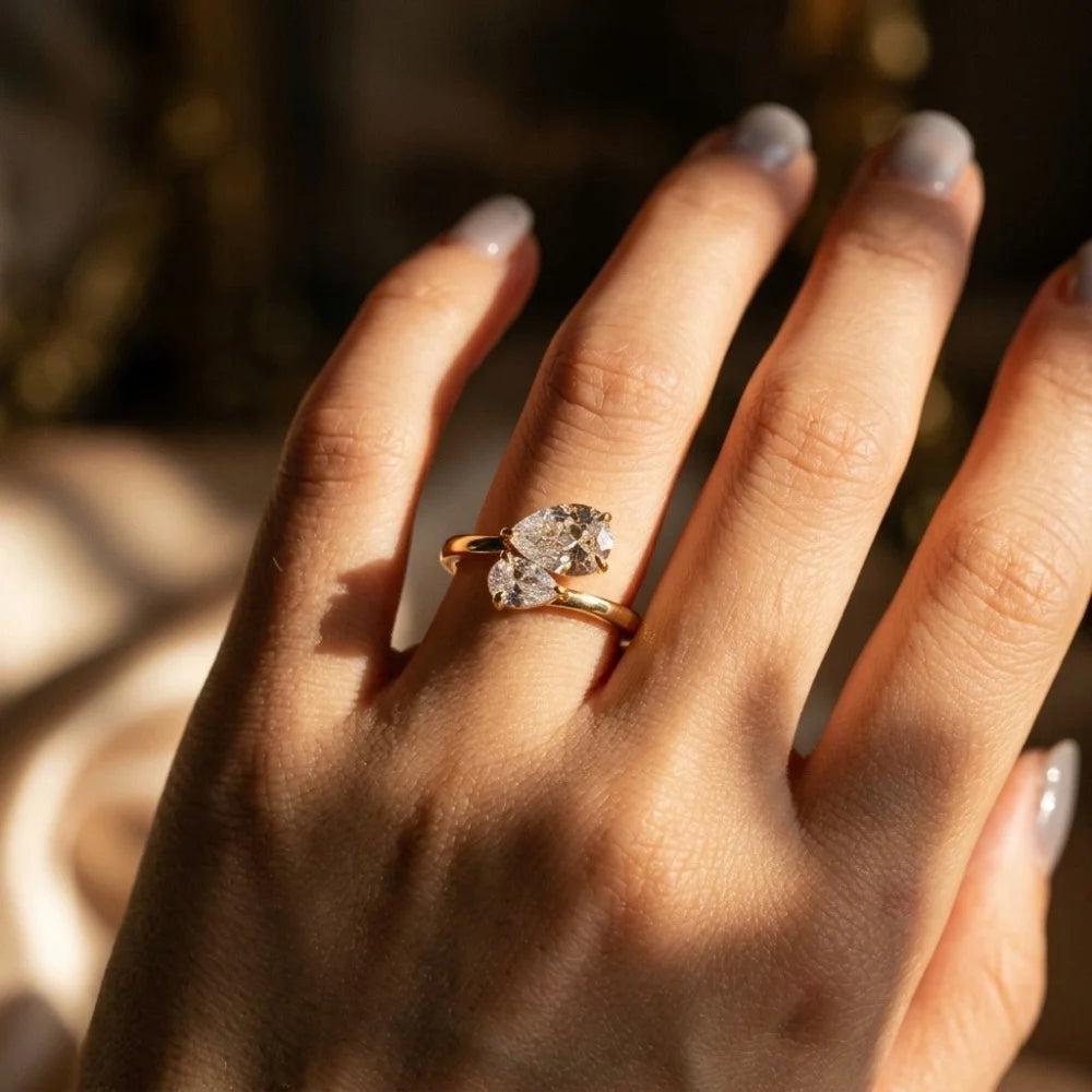 Anel Duas Moissanites Gota Deluxe Toi et Moi 2.8CT